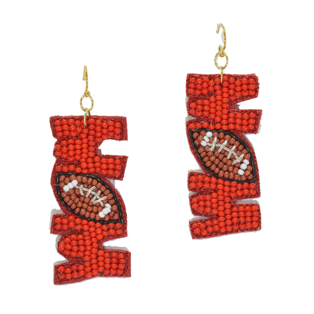 96529_Red, "MOM" football seed beaded earring, gameday, sports, mother