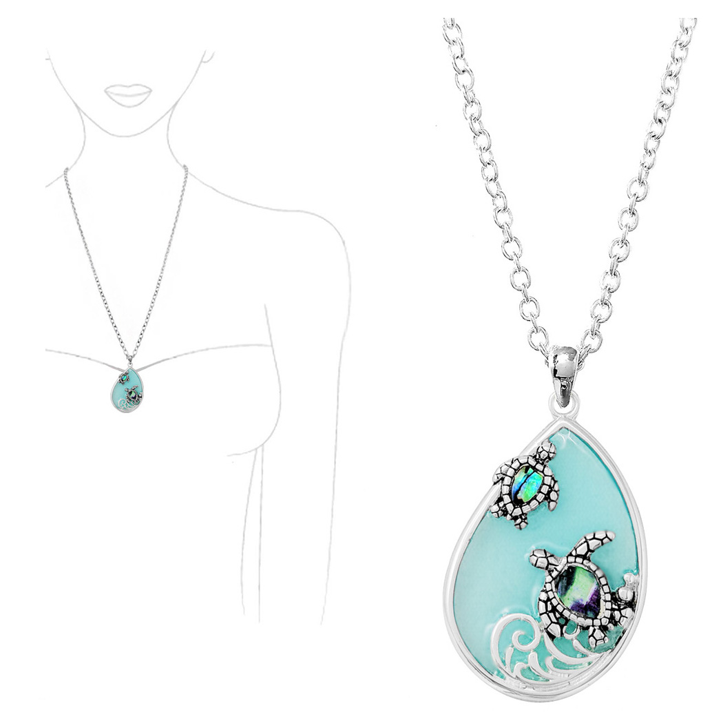 97809_Antique Silver/Mint, sea turtle acrylic pendant necklace 