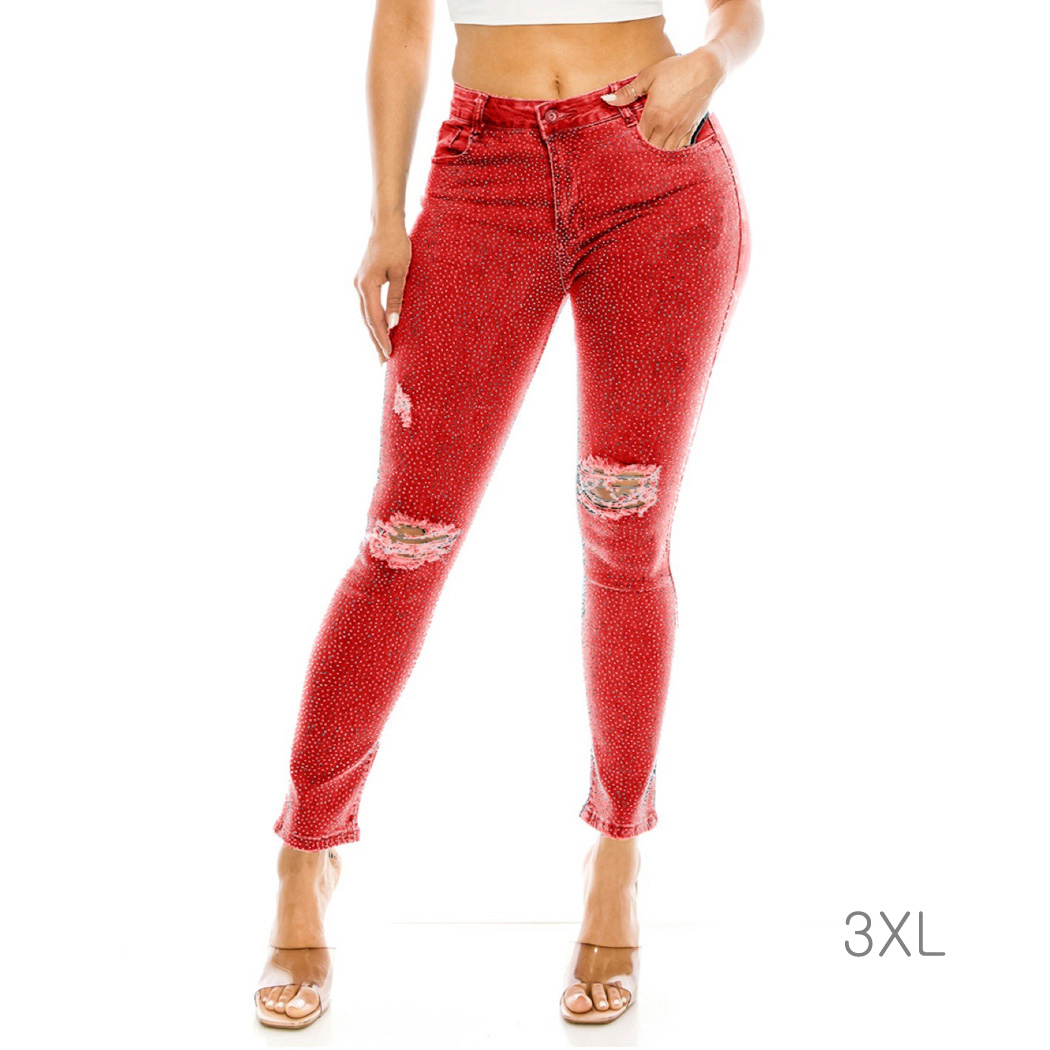 89994_Red, 3XL bling embellished denim stretch skinny jeans