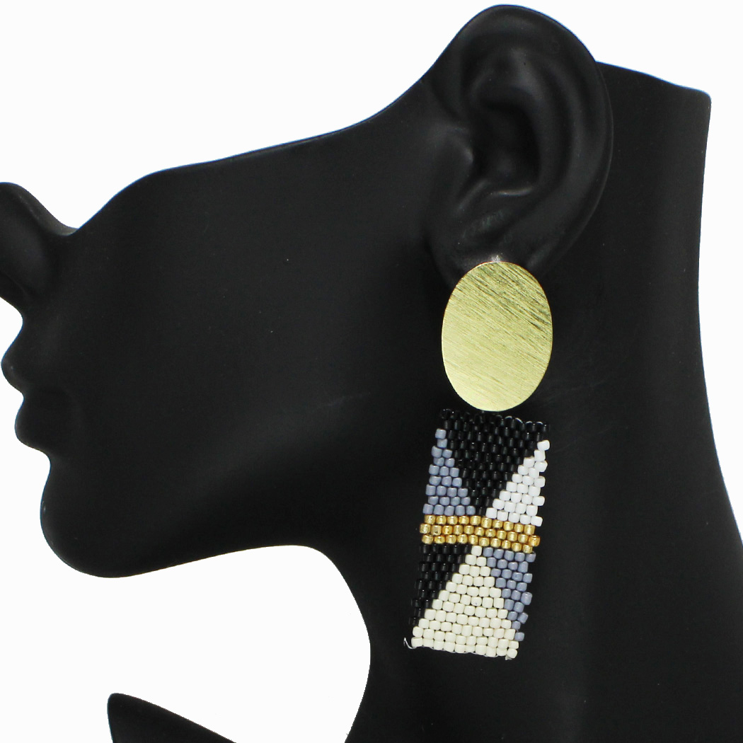 96772_Black Multi, geometric rectangle seed beaded earring 