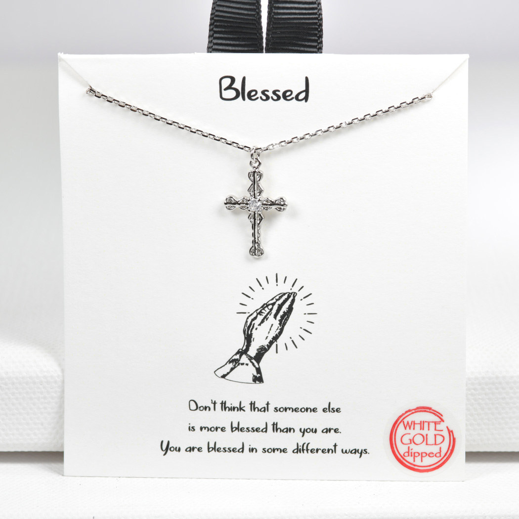 98068_Silver, White Gold Dipped, "Blessed" cross cubic zirconia necklace 