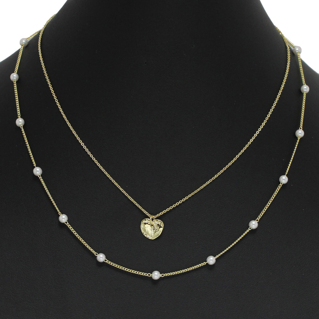 98112_Gold, dainty heart charm with pearl double layered necklace 