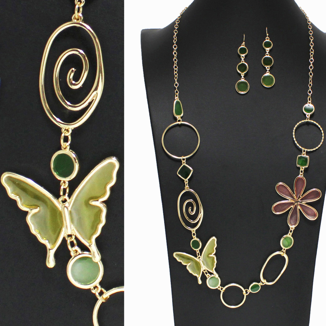 98176_Gold/Multi, butterfly & flower abstract glass long necklace 