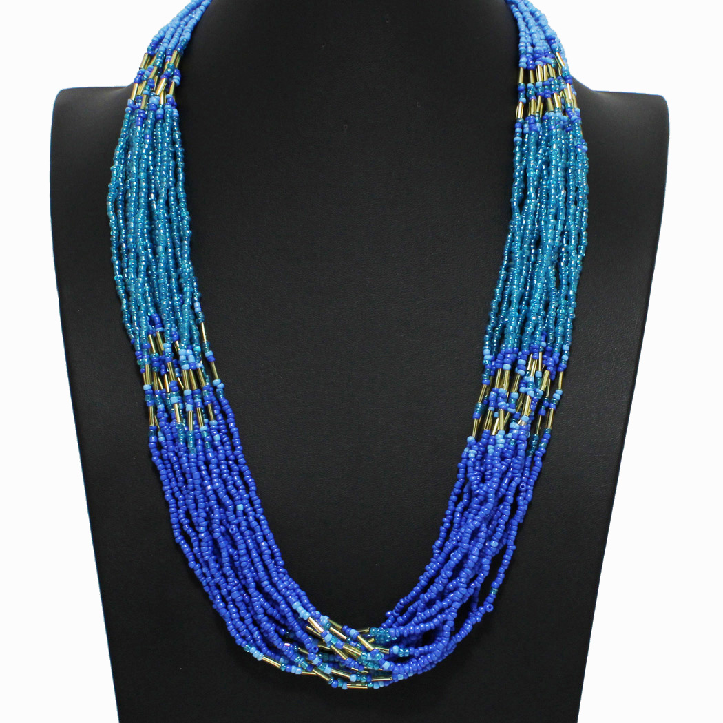 98177_Blue, multi strand seed beaded necklace 