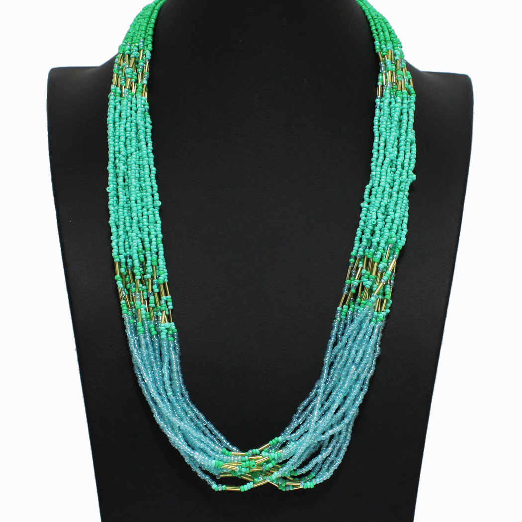 98177_Green, multi strand seed beaded necklace 