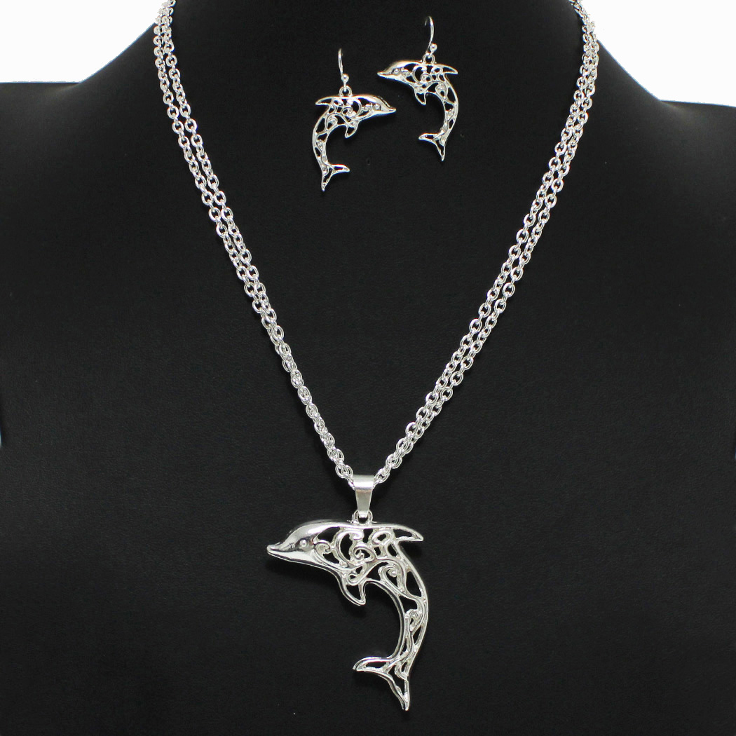 98178_Silver, dolphin cutout filigree pendant necklace 