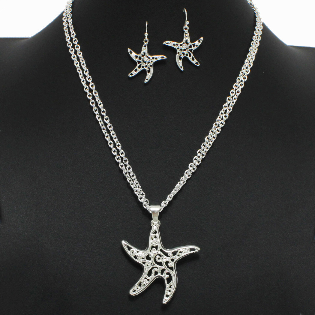 98178_Silver, starfish cutout filigree pendant necklace 