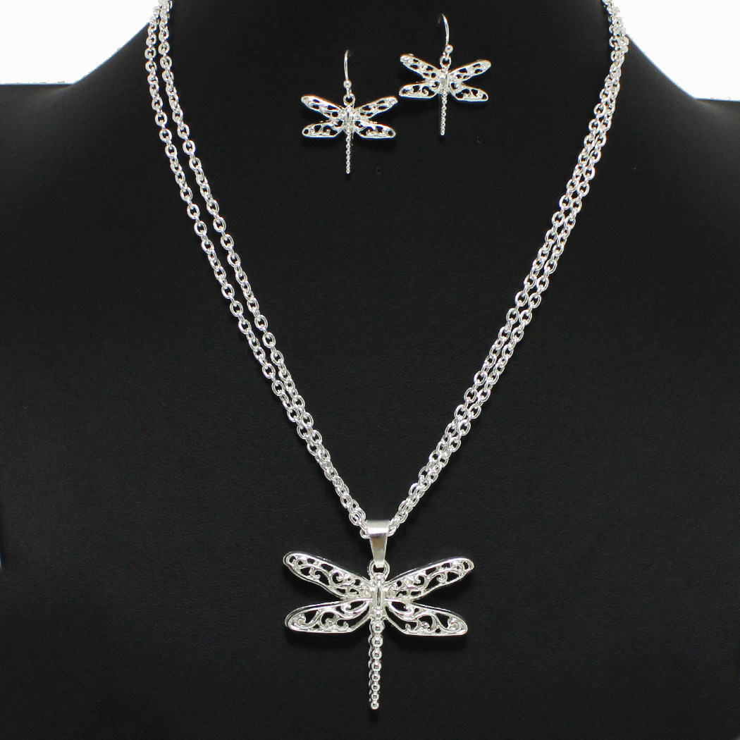 98178_Silver, dragonfly cutout filigree pendant necklace 