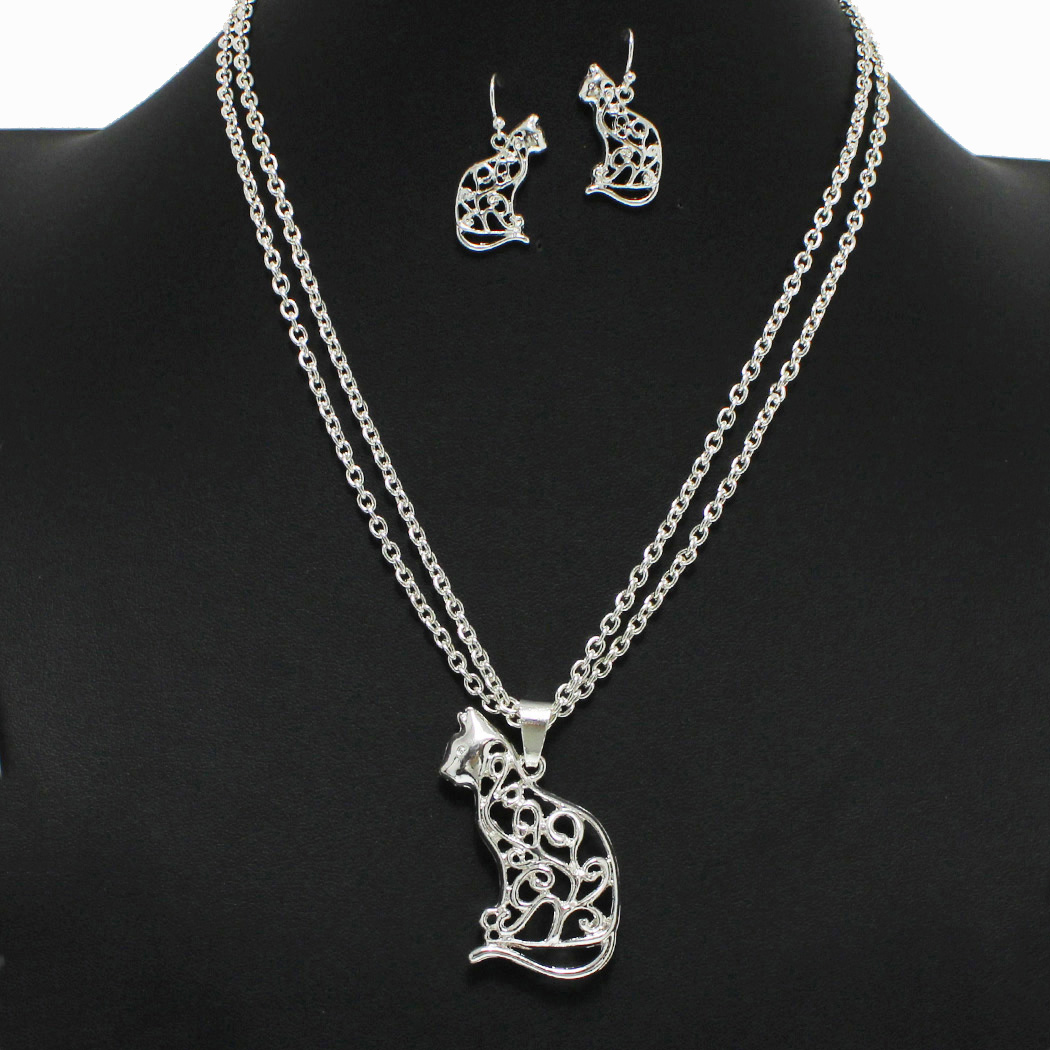 98178_Silver, cat cutout filigree pendant necklace 