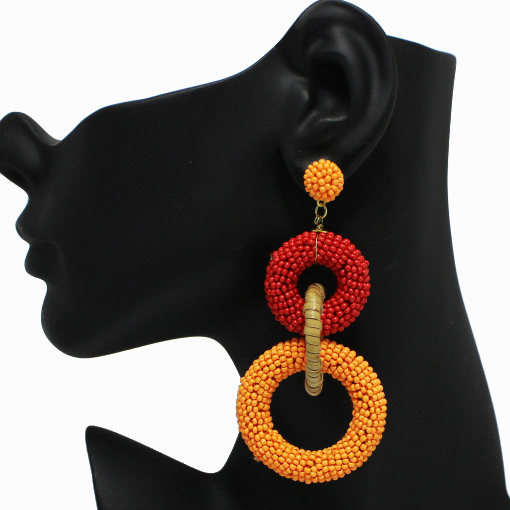 98179_Red Multi, rattan seed beaded round dangle earring 