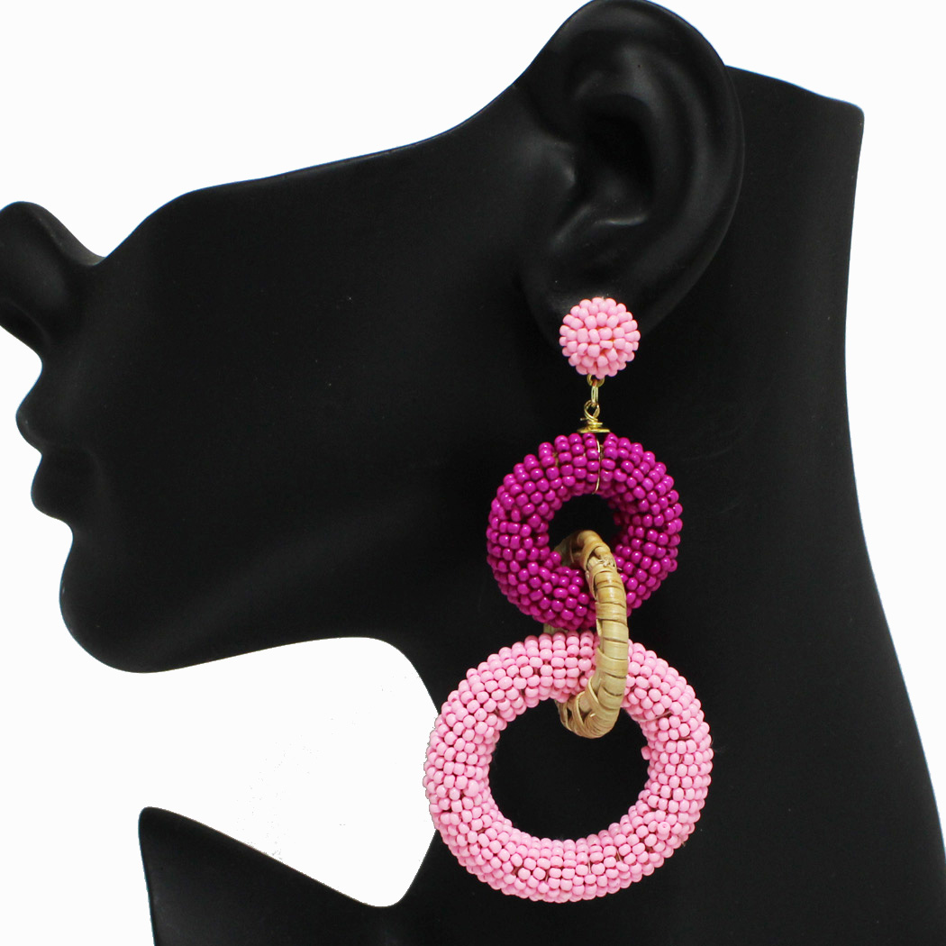 98179_Pink Multi, rattan seed beaded round dangle earring 