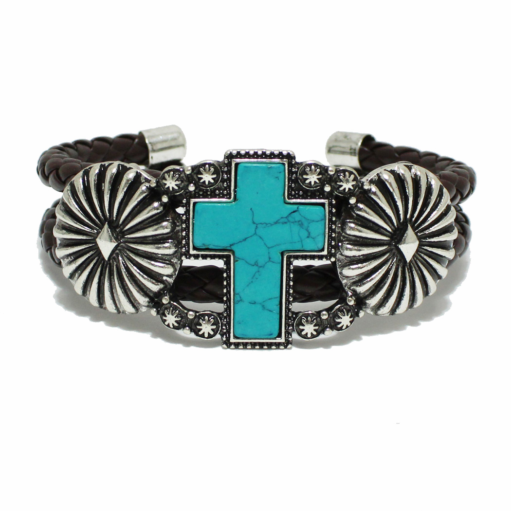 98184_Silver Burnished/Turquoise, western cross concho with faux leather cuff bracelet 