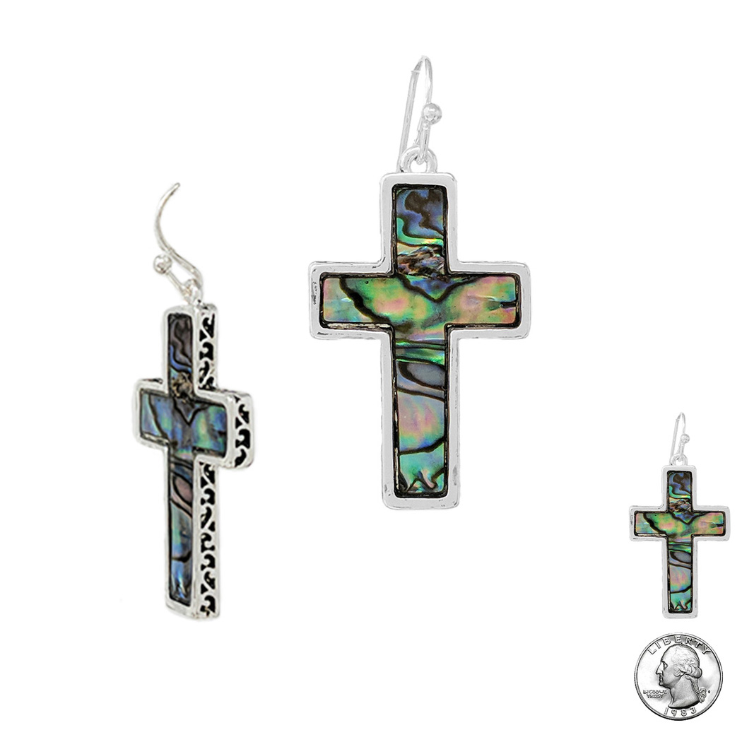 98188_Antique Silver, cross abalone filigree accent earring 