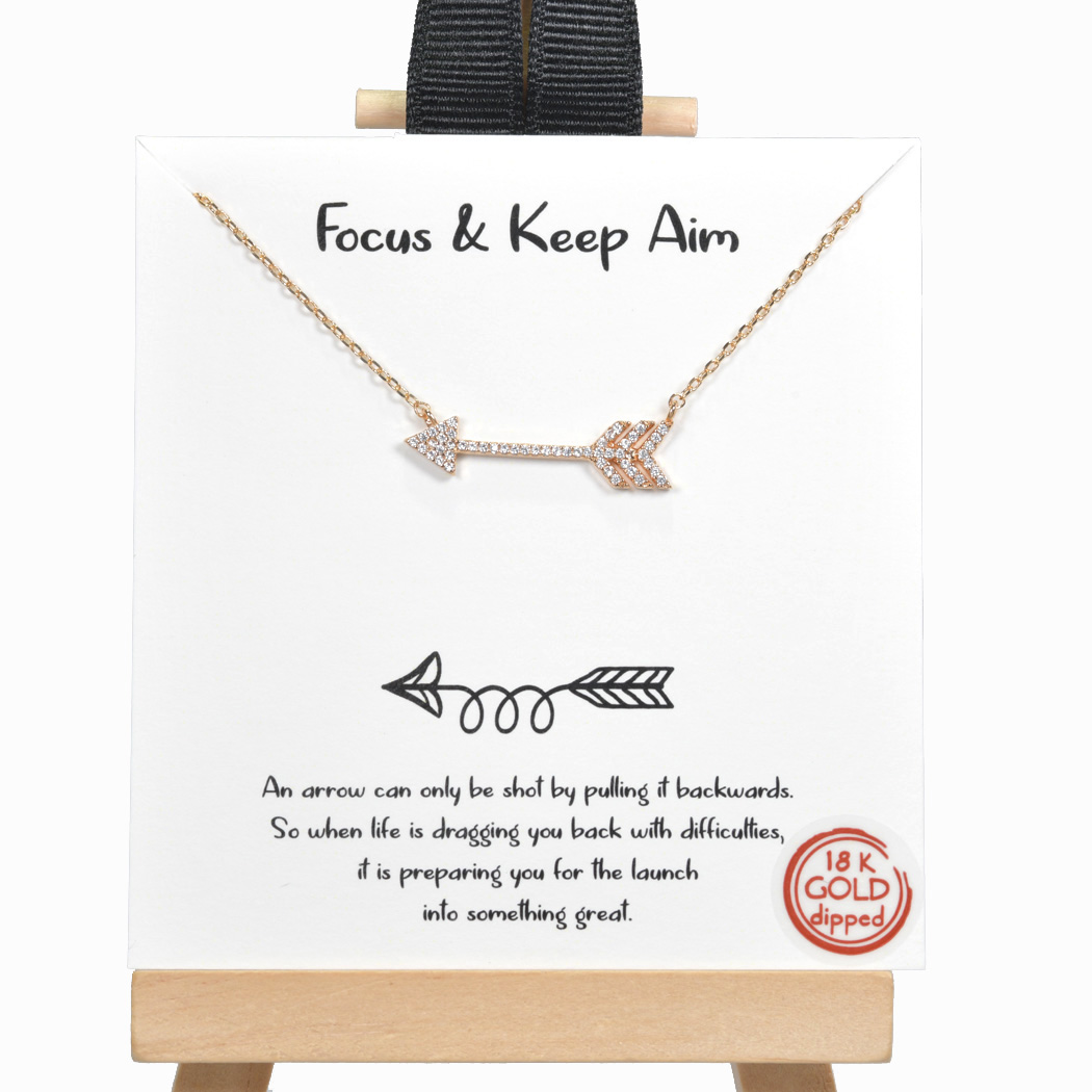 98354_Gold, 18K Gold Dipped, "Focus & Keep Aim" arrow cubic zirconia necklace