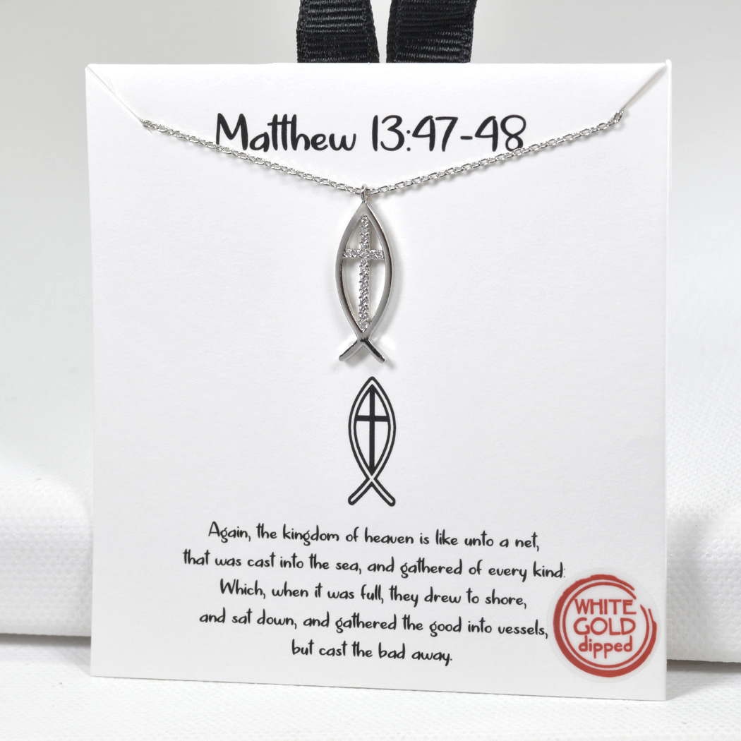 98534_Silver, White Gold Dipped, "Matthew 13:47-48" ichthys cubic zirconia fish cross charm necklace 