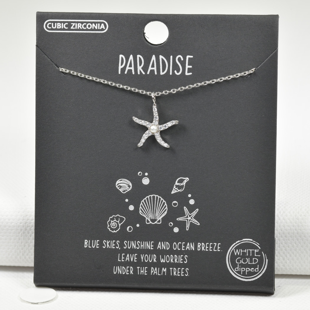 98645_Silver, White Gold Dipped, "PARADISE" starfish cubic zirconia charm necklace 