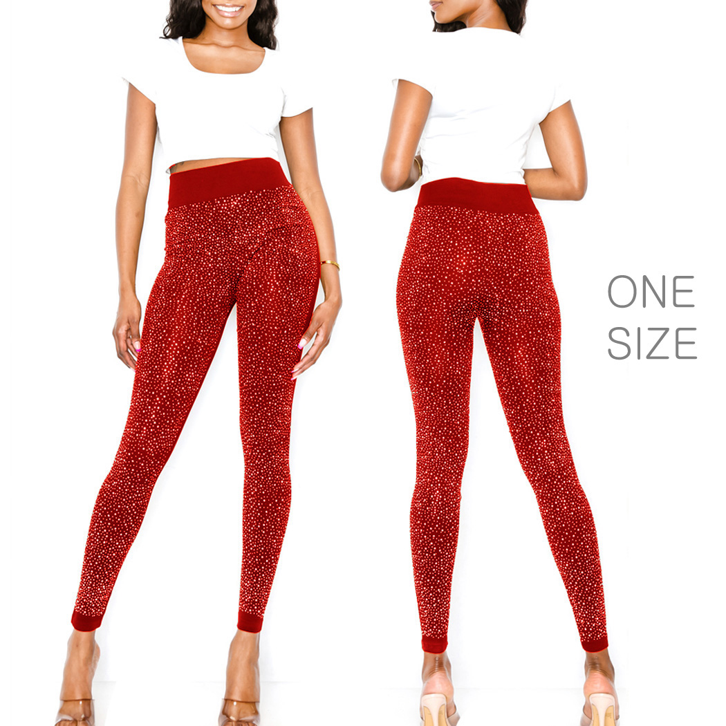 94044_Red, ONE SIZE front & back bling multi rhinestone leggings 