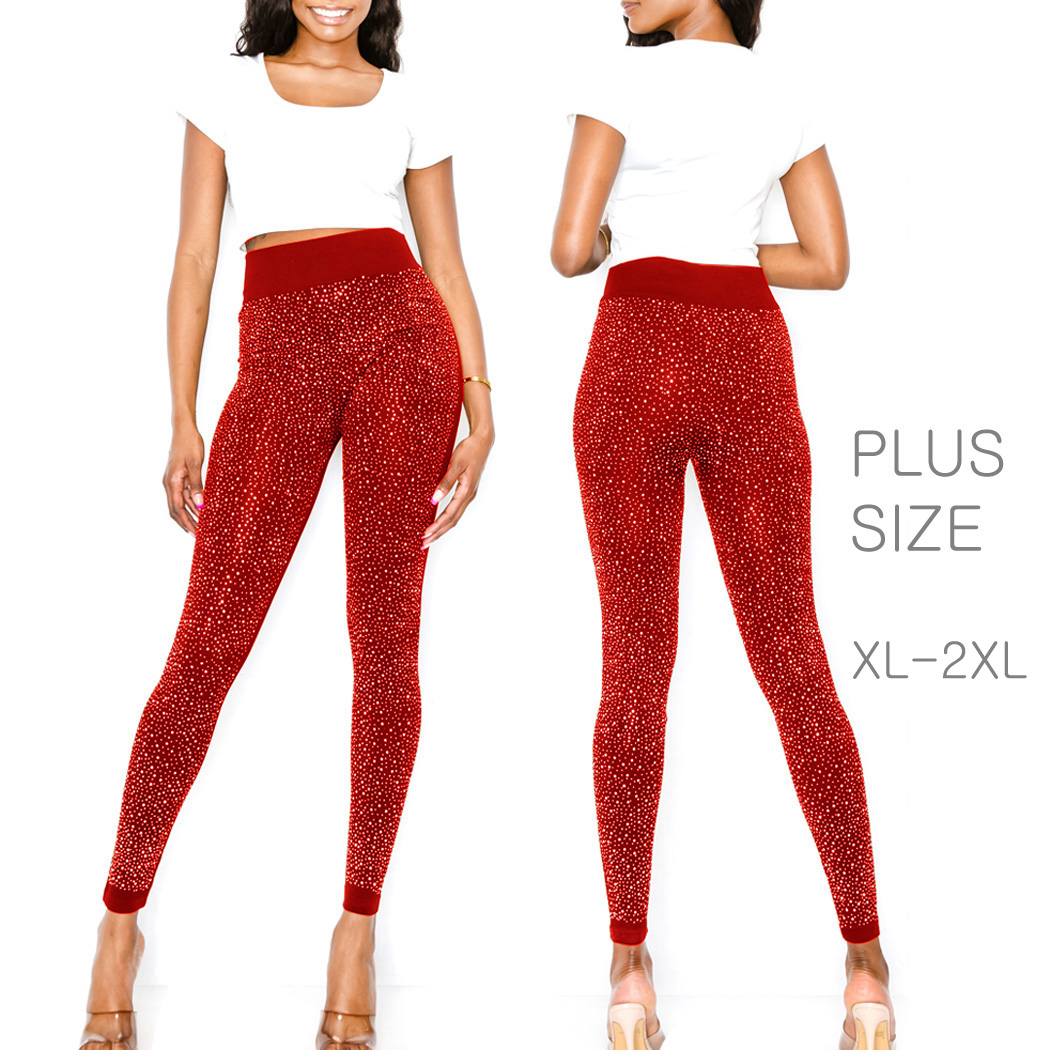 94044_Red, PLUS SIZE front & back bling multi rhinestone leggings 