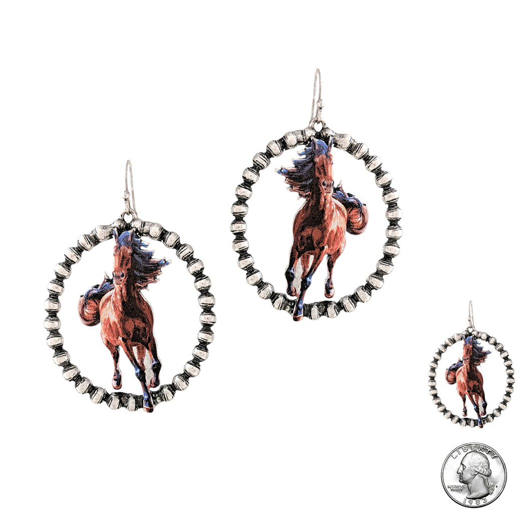99220_Silver Burnished, horse round shape beaded dangle earring 