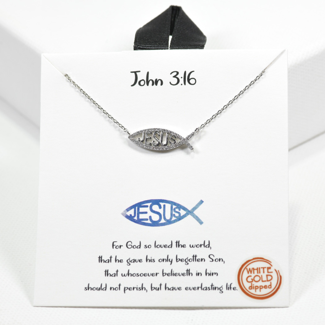 97997_Silver, White Gold Dipped, "John 3:16" jesus ichthys cubic zirconia necklace 