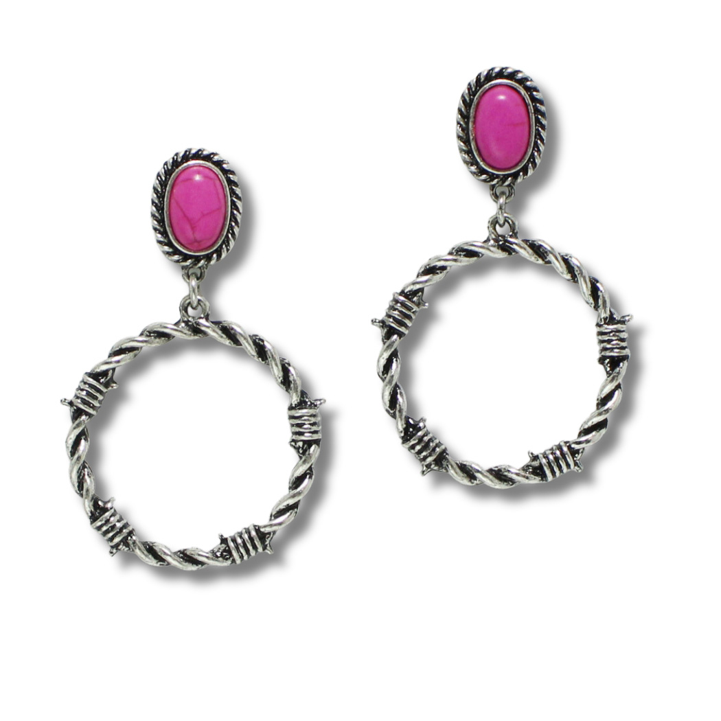 99341_Silver Burnished/Fuchsia, western round knot with turquoise stone dangle earring 