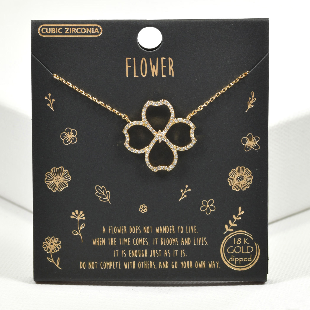 99489_Gold/Clear, 18K Gold Dipped, "FLOWER" cubic zirconia necklace 