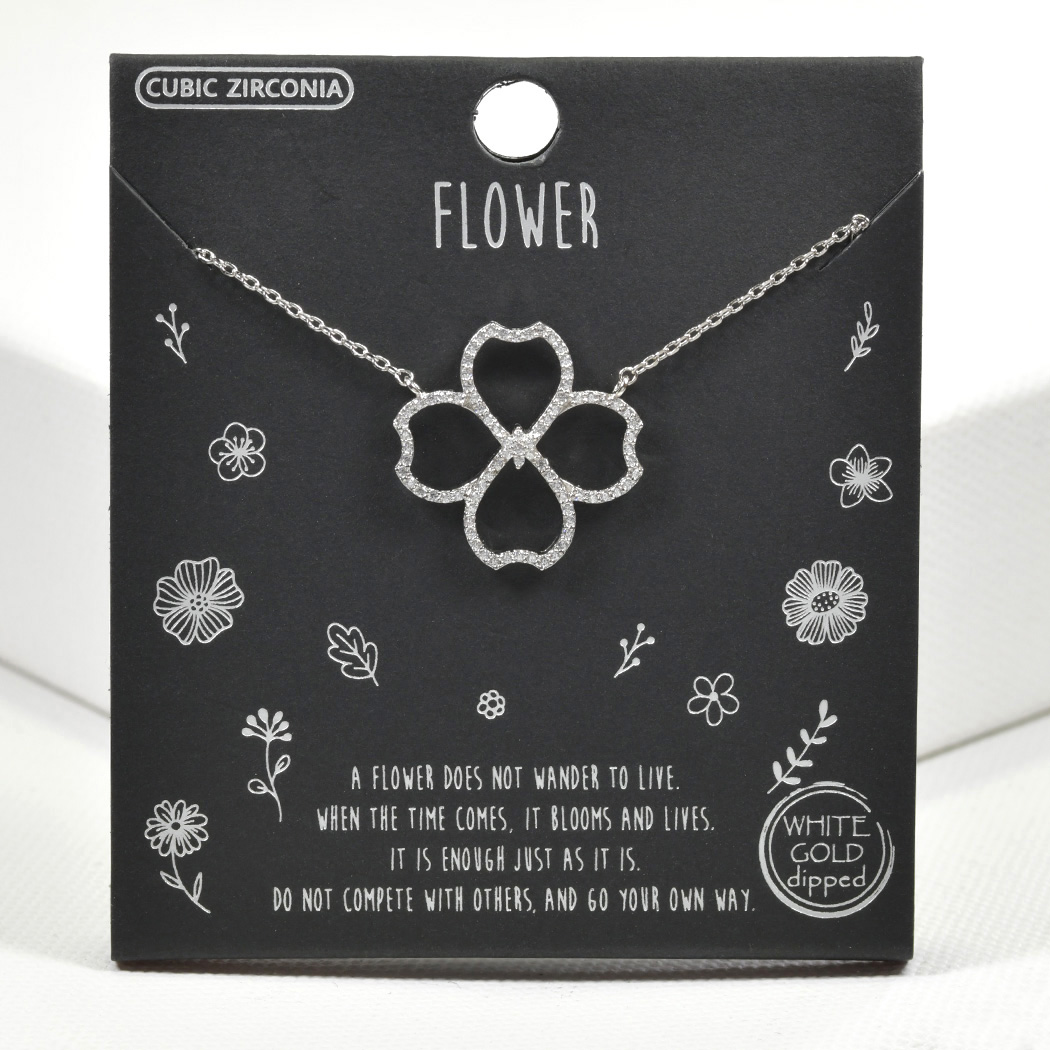 99489_Silver/Clear, White Gold Dipped, "FLOWER" cubic zirconia necklace 