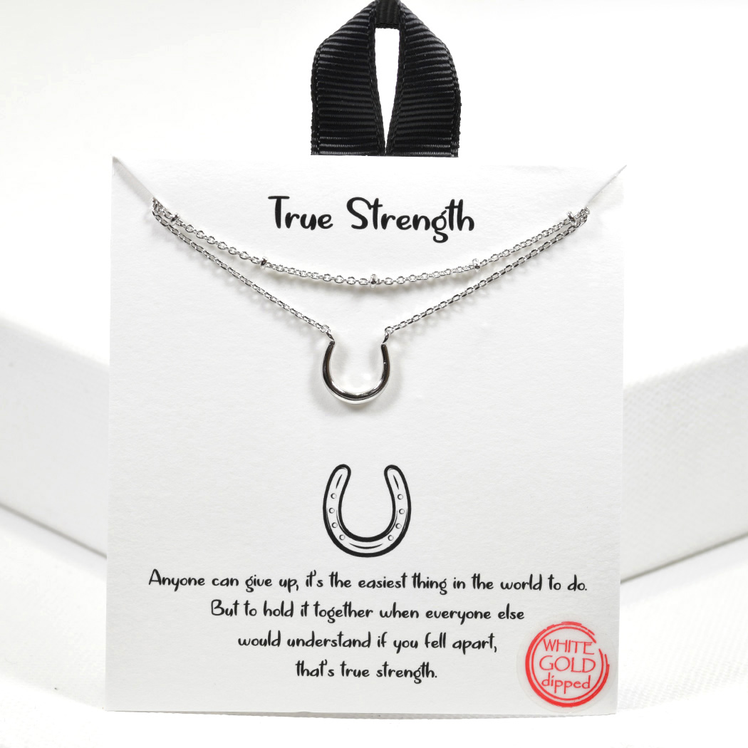 99495_Silver, White Gold Dipped, "True Strength" dainty horseshoe double layered necklace 
