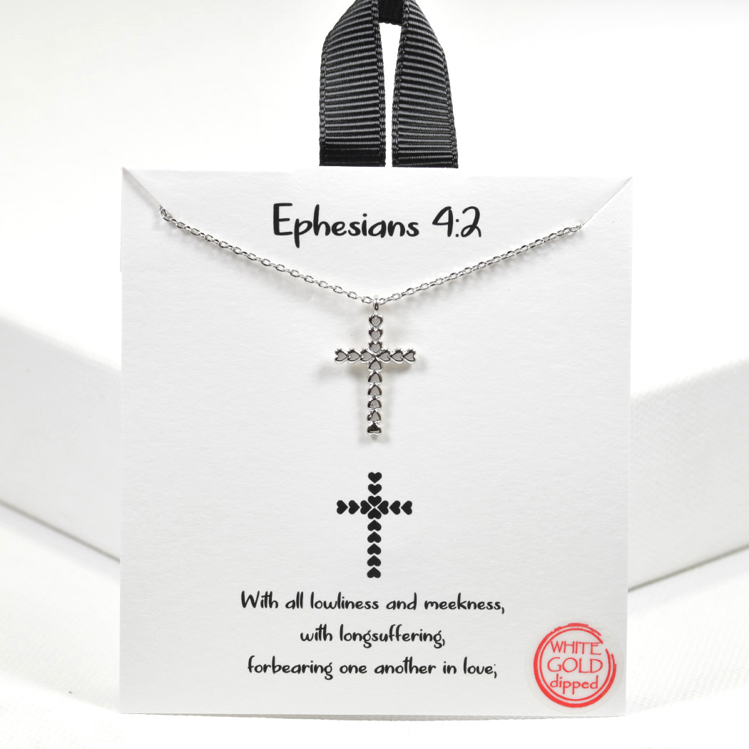 99496_Silver, White Gold Dipped, "Ephesians 4:2" cross charm necklace 