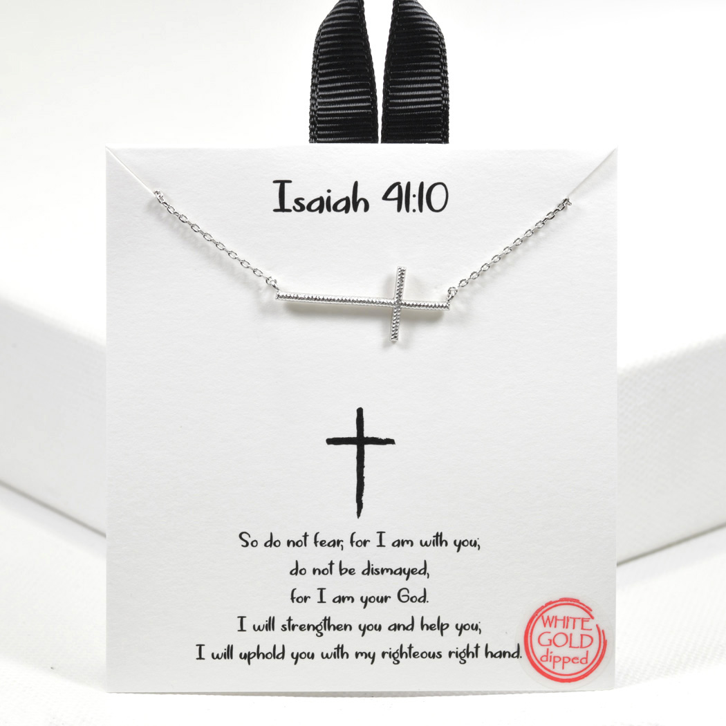 99498_Silver, White Gold Dipped, "Isaiah 41:10" side cross necklace 