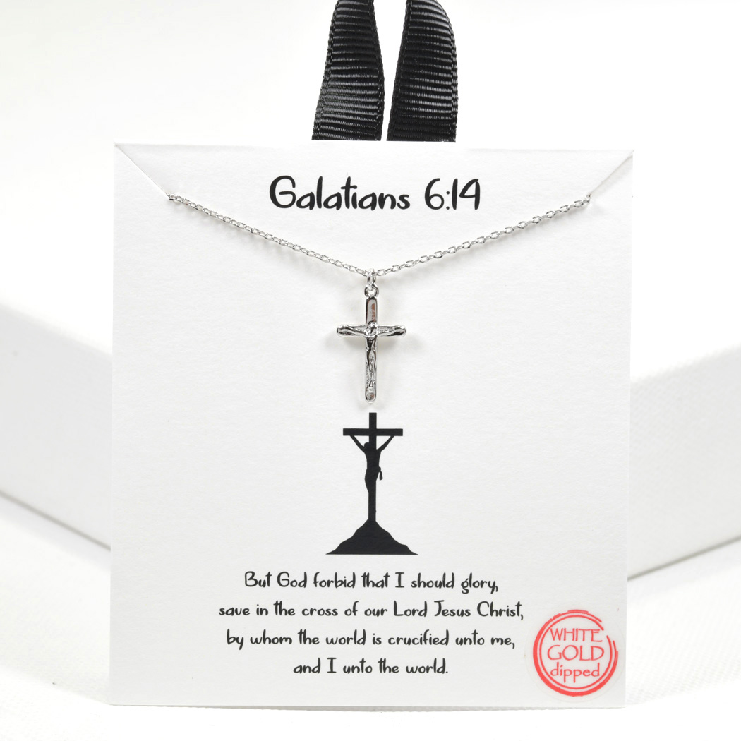 99499_Silver, White Gold Dipped, "Galatians 6:14" cross charm necklace 