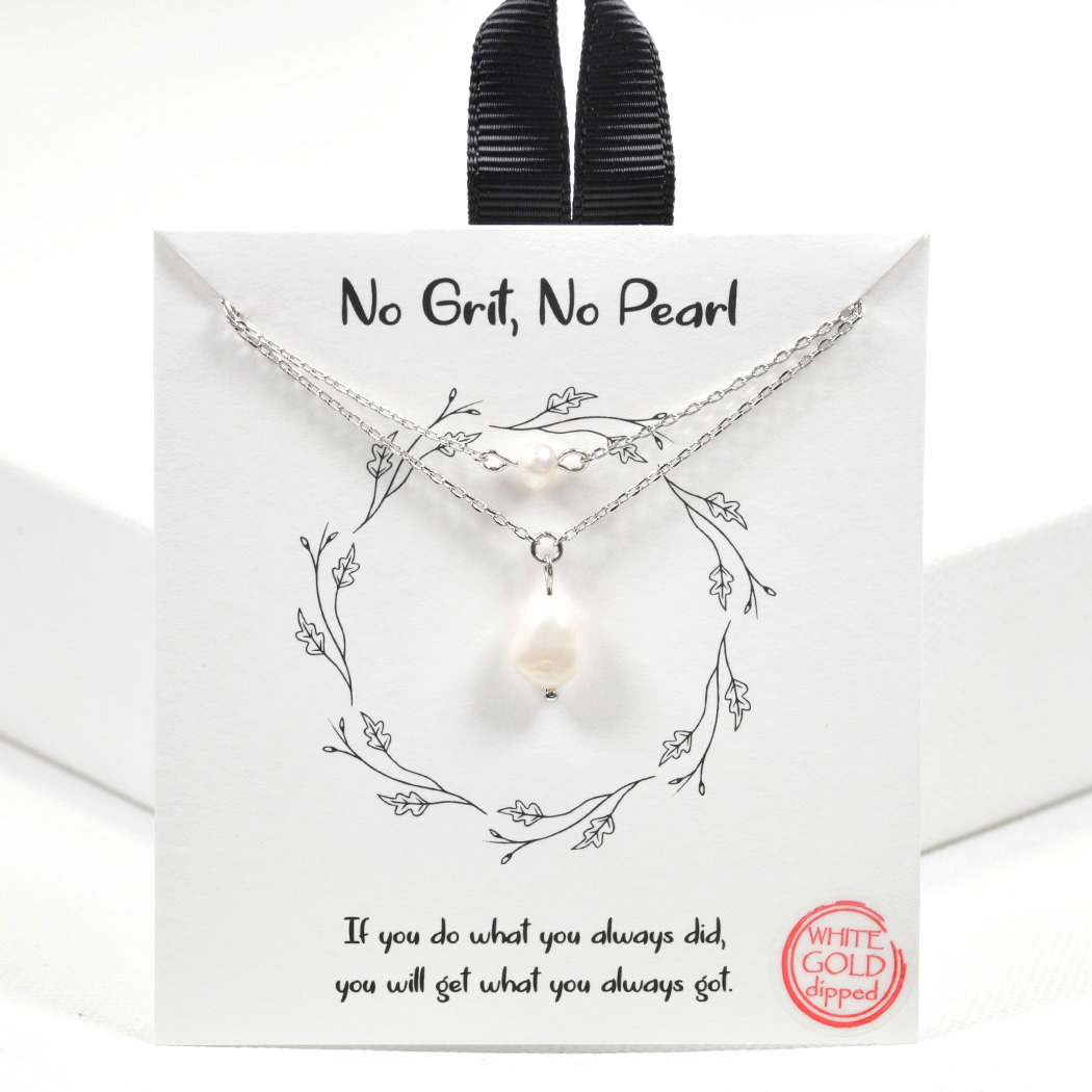 99500_Silver, White Gold Dipped, " No Grit, No Pearl" freshwater pearl double layered necklace 