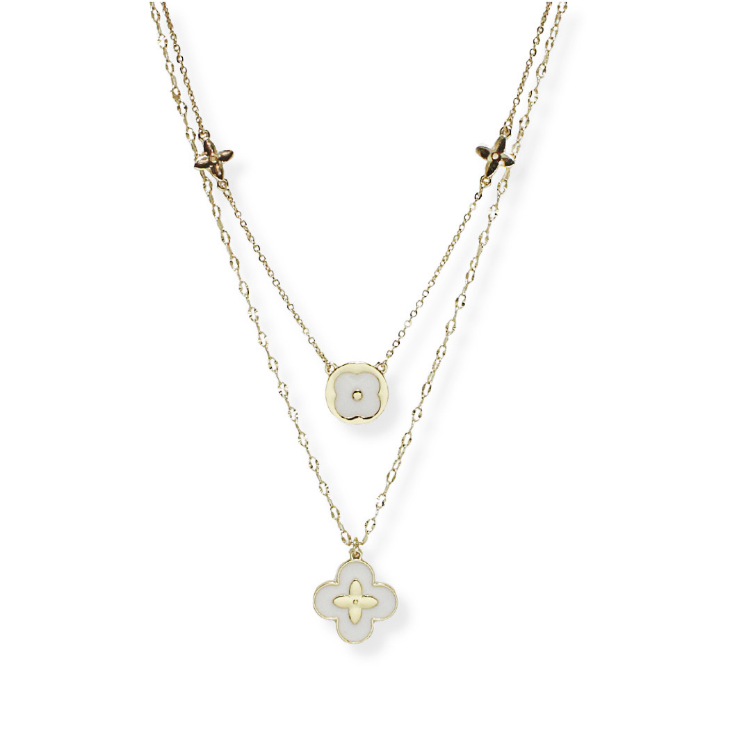 100981_Gold/White, enamel clover double layered necklace 