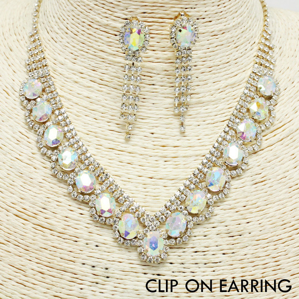 71190_Gold/AB, rhinestone necklace & clip on earring set
