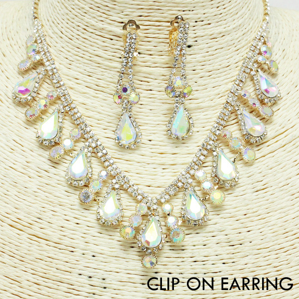 71192_Gold/AB, rhinestone necklace & clip on earring set