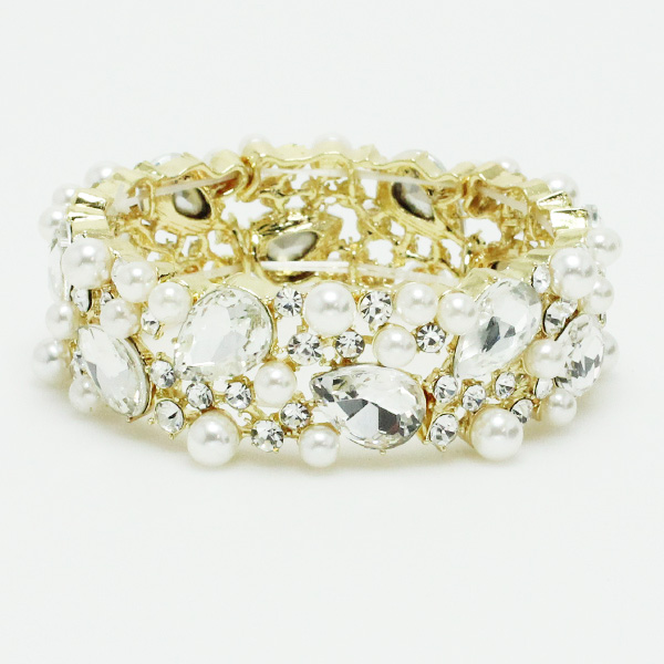 74917_Gold/Clear, rhinestone&amppearl stretch bracelet