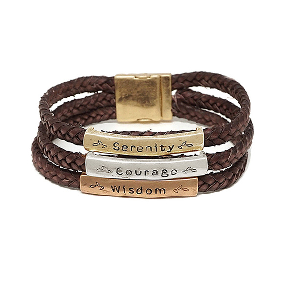 77466_3 tone, &quotserenity courage wisdom" braided leather magnetic bracelet