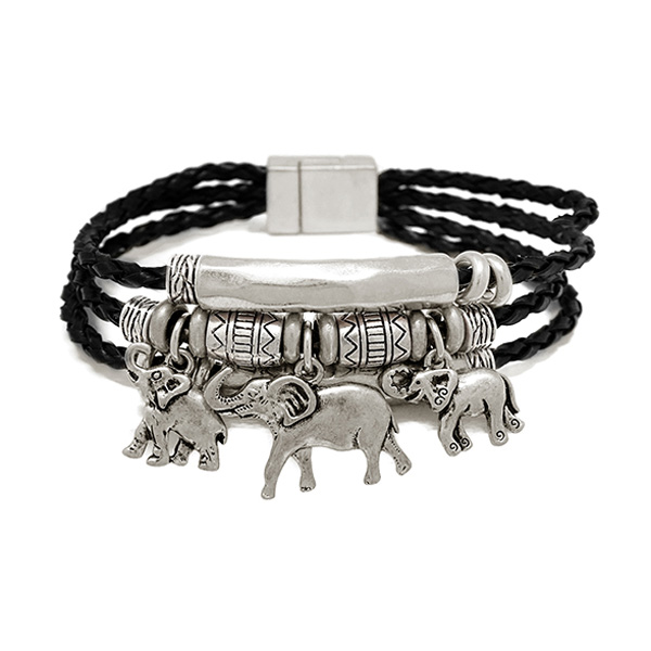 78058_Worn Silver, elephant w/ cord magnetic bracelet