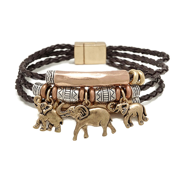 78058_3 tone, elephant w/ cord magnetic bracelet