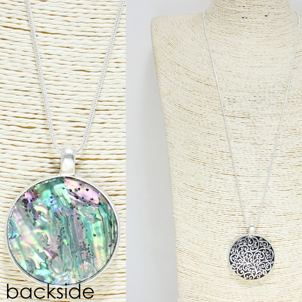 78177_Antique Silver/Abalone, round filigree long pendant necklace