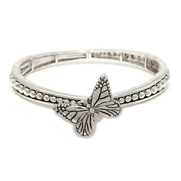 79250_Antique Silver, butterfly metal stretch bracelet