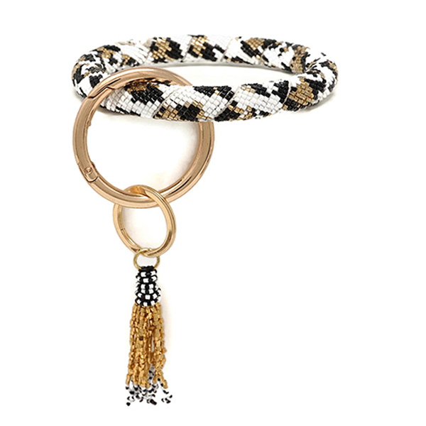 80623_White, leopard glass bead key chain bracelet