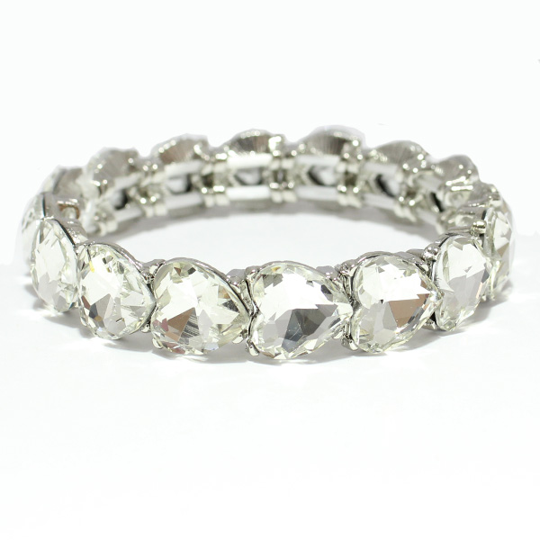 80451_Silver/Clear 3C, heart rhinestone stretch bracelet