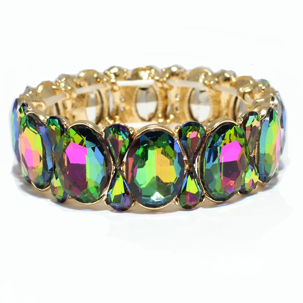 80457_Gold/Green Multi, rhinestone stretch bracelet