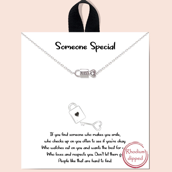 80682_Silver, &quotsomeone special" love lock&ampkey necklace/rhodium dipped