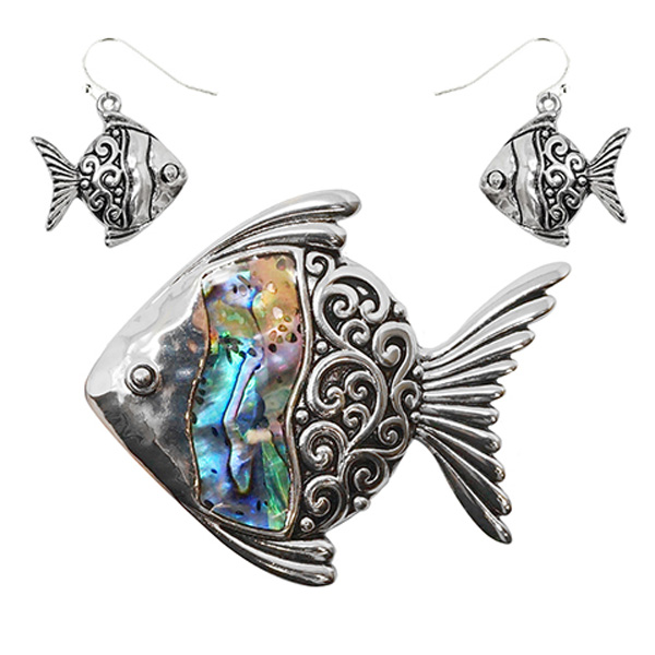 80775_Antique Silver/Abalone, fish pendant set