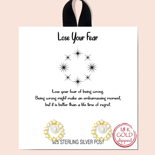 81992_Gold/Cream, &quotlose your fear" pave cubic zirconia stud earring/18k gold dipped