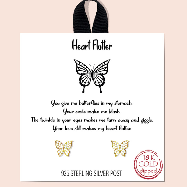 81994_Gold, &quotheart flutter" dainty butterfly stud earring/18k gold dipped