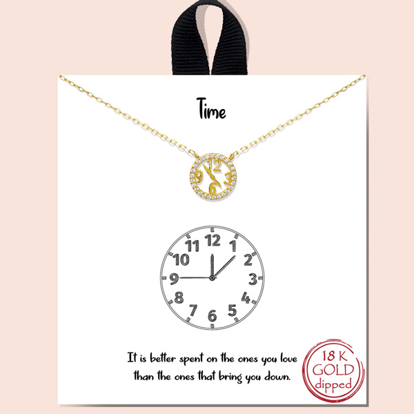 82451_Gold, &quottime" pave cz outlined clock necklace/18k gold dipped