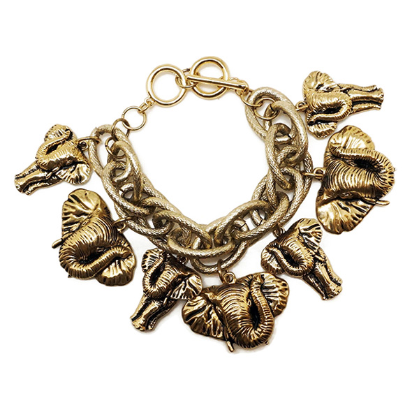 82692_Antique Gold, elephant charm metal bracelet